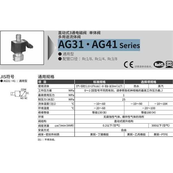 CKD喜開理多種流體直動式2通電磁集成閥AG31-03-1-AC100V