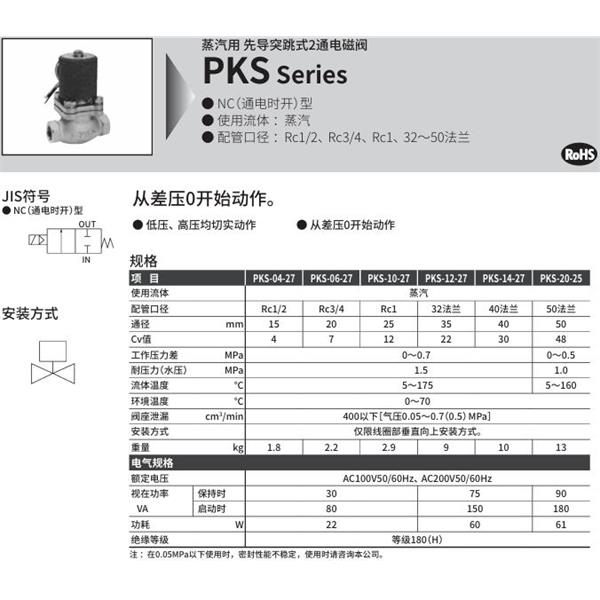 CKD喜開理蒸汽用先導突跳式2通電磁閥PKS-10-27-4M-AC100V