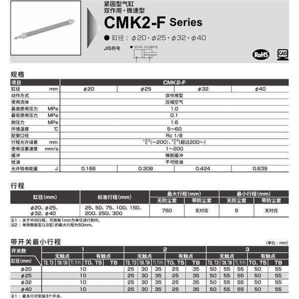 CKD喜開(kāi)理緊固型氣缸CMK2-F-CA-20-100-T0H-R-MI